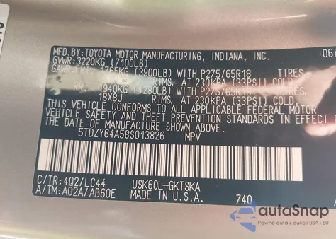 2008 Toyota Sequoia Sr5 5.7L V8 from USA, damaged, VIN 5TDZY64A58S013826